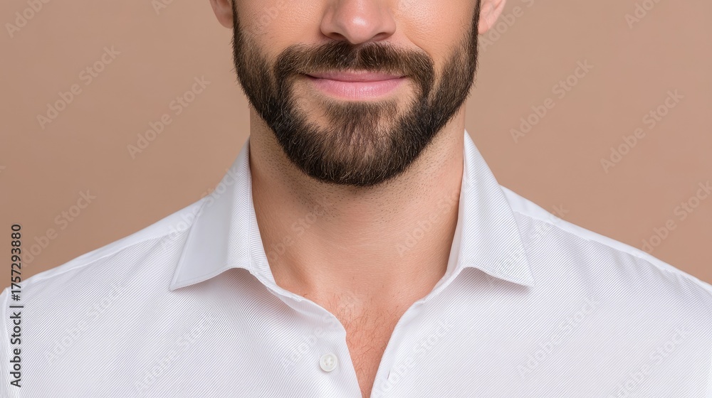 Obraz premium Confident young man with a well-groomed beard and friendly smile against a neutral background in a studio setting