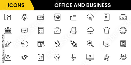 Office and Business line icons collection. Big UI icon set in a flat design. Thin outline icons pack. Vector illustration