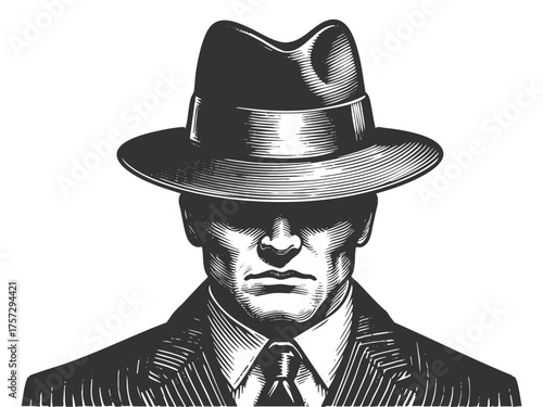 shadowed man in a fedora and pinstripe suit, evoking mystery, noir style, and classic detective themes sketch engraving generative ai vector illustration. Scratch board. Black and white image.