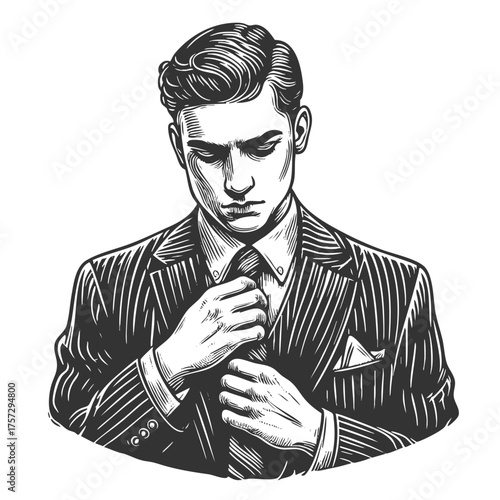 young man in pinstripe suit adjusting his tie, classic 1920s gangster or mobster sketch engraving generative ai fictional character vector illustration. Scratch board imitation. Black and white image.