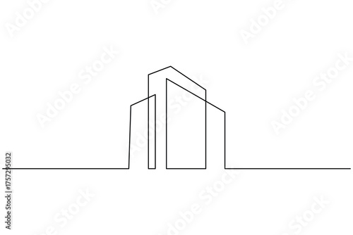 Office building single line art minimalist outline drawing isolated on white background