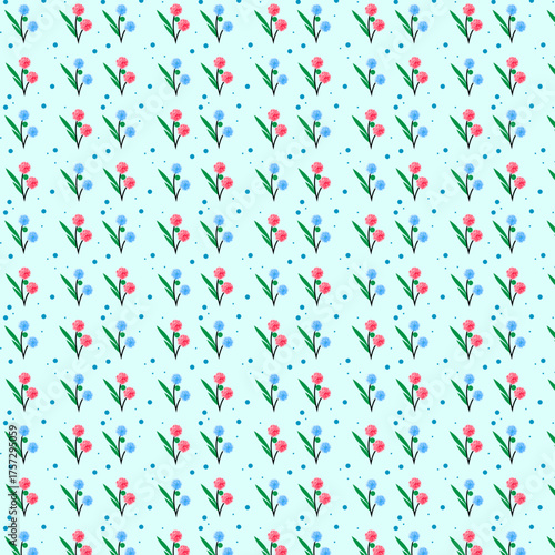 Seamless Floral Pattern with Pink and Blue Flowers on Light Blue Background