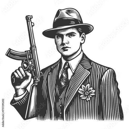 gangster in a pinstripe suit holding a Tommy gun and wearing a fedora sketch engraving generative ai fictional character vector illustration. Scratch board imitation. Black and white image.
