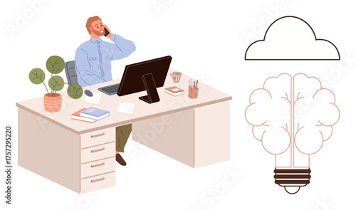 Professional at desk speaking on phone surrounded by plants, books, and computer. Adjacent cloud and lightbulb with tree suggest innovation, growth. Ideal for creativity, workplace, productivity