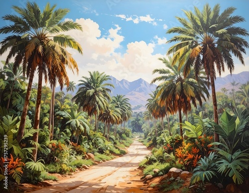 Vibrant Tropical Road Through Lush Palms