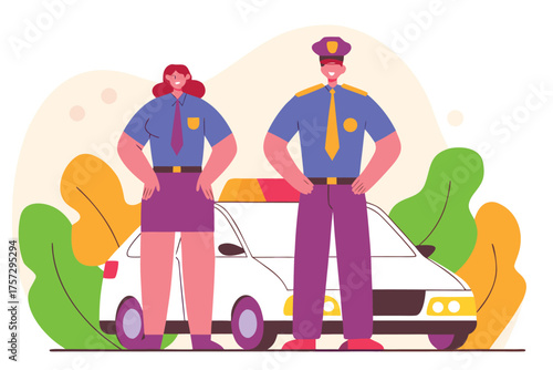 Two police officers standing in front of a police car vector illustration of law enforcement for use in presentations and infographics