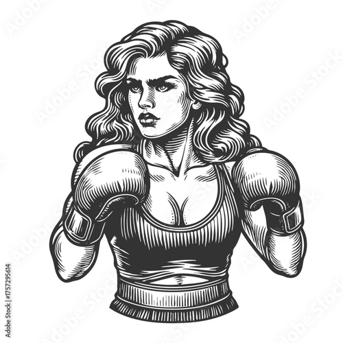 powerful woman in boxing stance wearing gloves and sportswear sketch engraving generative ai fictional character vector illustration. Scratch board imitation. Black and white image.