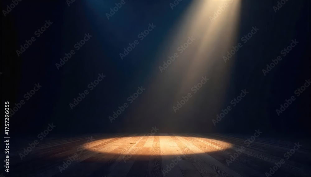 Obraz premium A single spotlight illuminates a dark stage, ready for the main act The beam cuts through the darkness, highlighting the empty space , illumination, anticipation