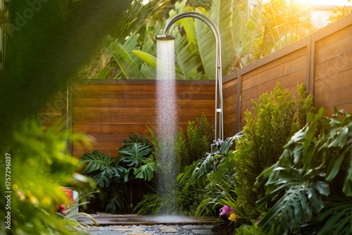 Serene Outdoor Shower Surrounded by Lush Greenery in a Tranquil Garden Setting