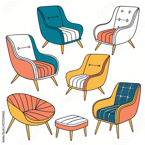 Collection of retro armchairs and ottoman vintage furniture vector illustration perfect for interior design projects and home decor concepts