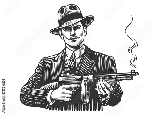 gangster in a pinstripe suit holding a Tommy gun and wearing a fedora sketch engraving generative ai fictional character vector illustration. Scratch board imitation. Black and white image.