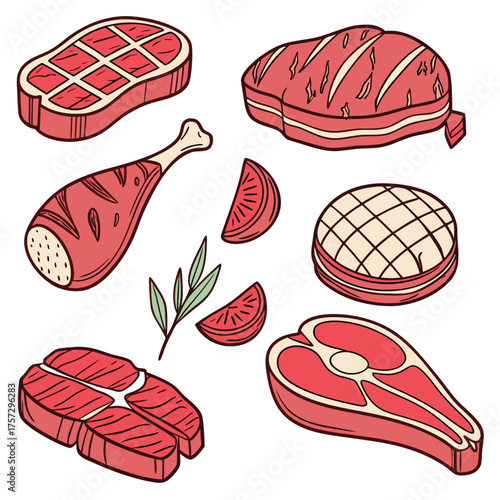 Set of raw meat cuts vector illustration of different types of fresh meat isolated on white background
