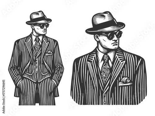 classic gangster figure wearing a pinstripe suit, fedora hat, sunglasses, and patterned tie sketch engraving generative ai fictional character vector illustration. Scratch board. Black and white image