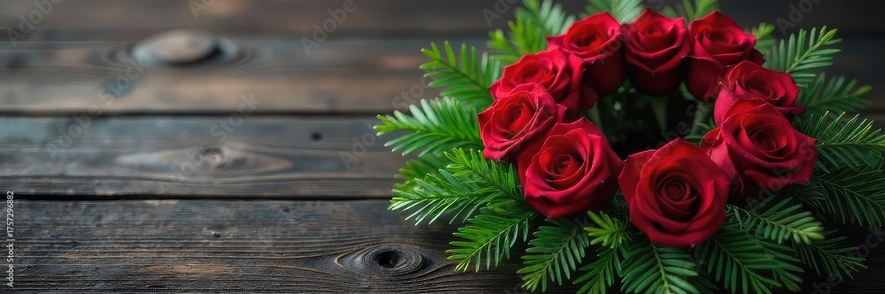 Obraz premium A somber yet beautiful funeral wreath crafted with deep red roses and lush evergreen boughs, resting on a dark wooden surface Perfect for sympathy and remembrance themes , sadness, branches