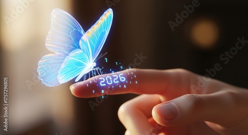 A butterfly lands on a finger displaying the year 2026 in a futuristic style