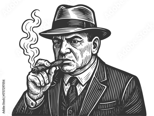stern-faced man in a fedora and pinstripe suit smoking a cigar, classic mafia boss imagery sketch engraving generative ai fictional character vector illustration. Scratch board. Black and white.