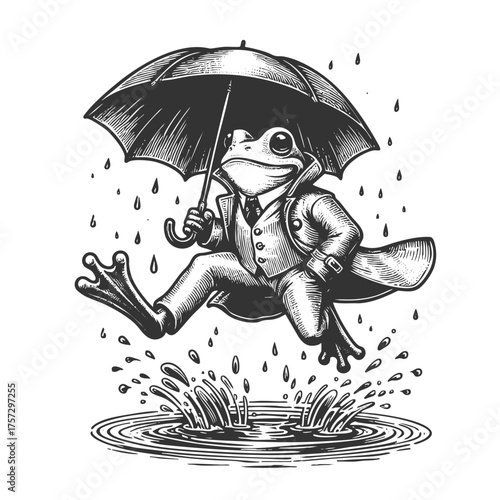 frog in a suit leaping with an umbrella over a puddle on a rainy day sketch engraving generative ai fictional character vector illustration. Scratch board imitation. Black and white image.