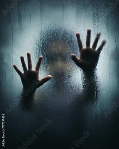 Wallpaper Mural A haunting image of a person's face and hands pressed against a frosted surface, evoking fear and suspense Torontodigital.ca