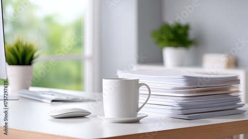 Wallpaper Mural Bright and Modern Home Office Workspace with Coffee Cup, Mouse, and Neat Stack of Documents Amidst Natural Light and Green Plant Torontodigital.ca