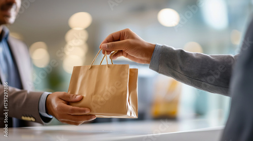 handoff of a neutral gift bag across a reception counter fingers only in frame background directory signage defocused high key light clean right margin corp