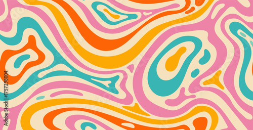  Groovy Y2K abstract background with warped liquid waves and vibrant colors. Psychedelic vector texture for retro fashion, web design, posters, and creative digital projects