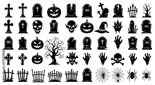 Vector art of halloween icons and symbols collection with pumpkins and ghosts