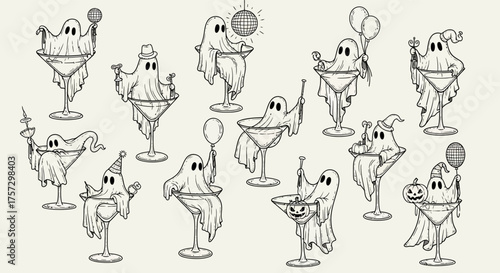 Vector art of whimsical ghostly cocktail glass characters illustrated