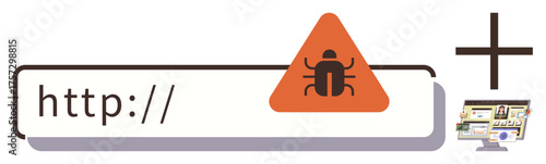 Browser search bar with warning triangle and bug icon, plus computer screen analyzing threat. Ideal for cybersecurity, malware prevention, online safety, antivirus tools, digital protection, IT