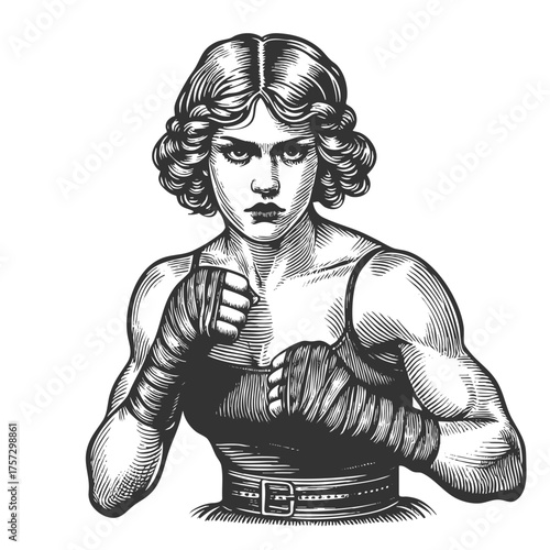 powerful woman in boxing stance wearing gloves and sportswear sketch engraving generative ai fictional character vector illustration. Scratch board imitation. Black and white image.