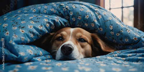 A sleepy golden-red dog is nestled comfortably in a blue bed with floral patterned pillows, eyes closed in peaceful slumber.
