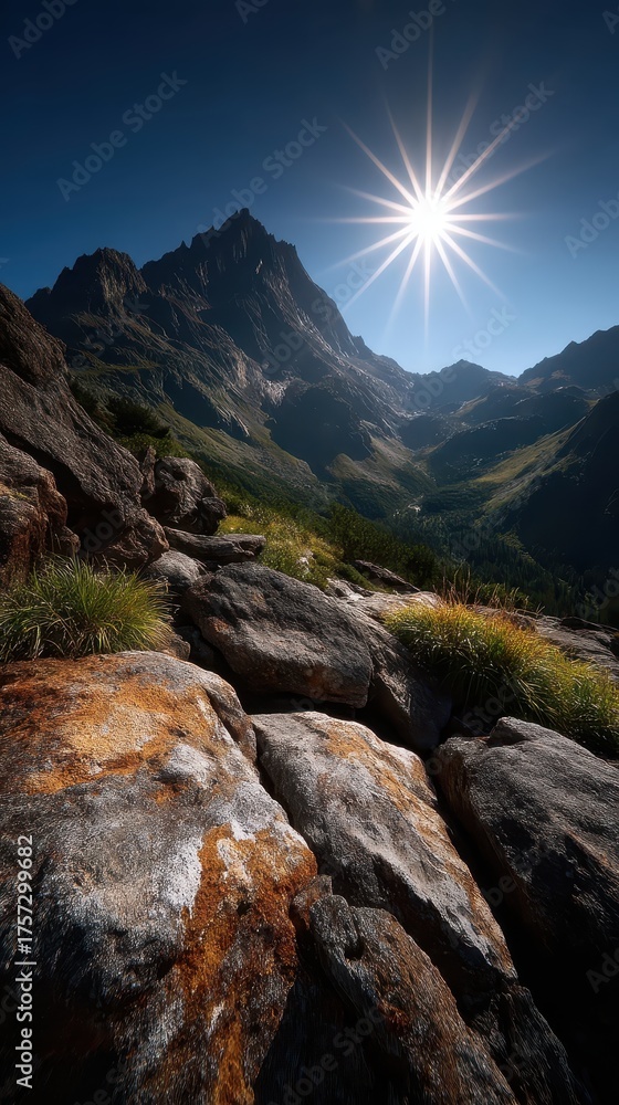 Fototapeta premium Stunning Mountain Landscape Under Brilliant Sunlight with Dramatic Rock Formations and Lush Green Valleys in a Serene Outdoor Setting