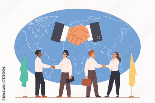 International meeting of diplomats, strategic business agreement and partnership, globalization. Handshake of tiny politicians, investors or ambassadors at world map cartoon vector illustration