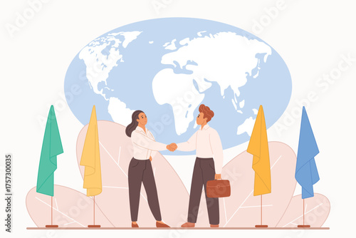 International relationship, meeting of politicians or foreign diplomats, global partners agreement. Handshake of tiny man and woman near world map and country flags cartoon vector illustration