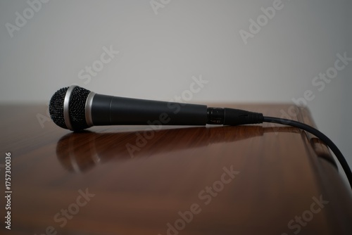 Elegant Close-Up of a Microphone Resting on a Polished Surface with a Soft Background for Enhanced Focus