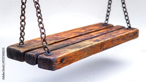 Aged Wooden Swing Hanging by Metal Chains Against a White Background, Rustic Details
