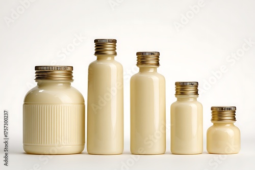 Aligned CreamColored Bottles Assortment, Shiny Golden Caps, Packaging, White Background