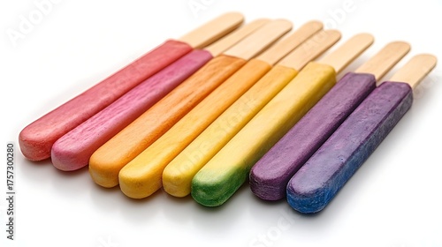Aligned row of colorful craft popsicle sticks on white surface, rainbow color gradation
