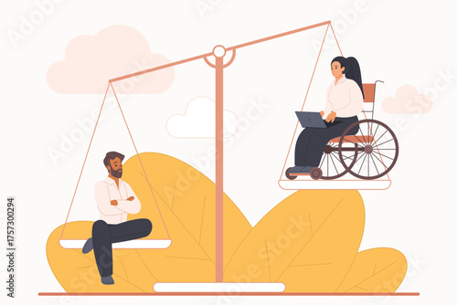 Ableism, discrimination in employment for people with disability, unequal rights, difficult to integrate into team. Tiny man and woman with wheelchair on unbalance scales cartoon vector illustration