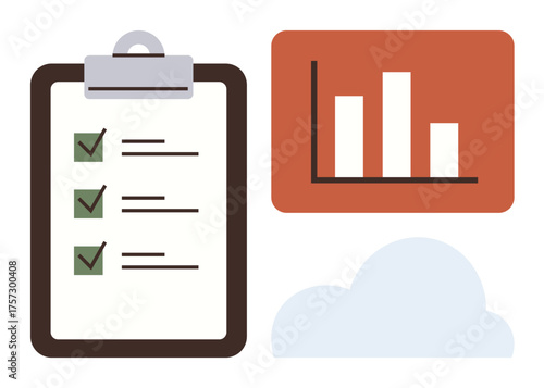 Clipboard with checklist and green check marks, bar chart, light cloud. Ideal for productivity, planning, business strategy, data analysis, progress tracking, organization simple flat metaphor