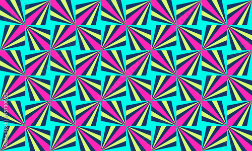 Vibrant seamless geometric pattern with repeating psychedelic starbursts in a retro pop art style, creating a colorful hypnotic optical illusion