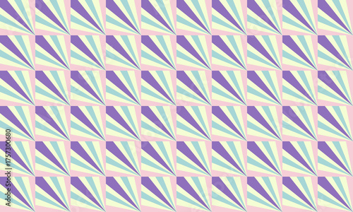 Seamless retro geometric pattern featuring a sunburst motif with radiating rays in pastel shades of lilac, blue, and yellow on a pink background