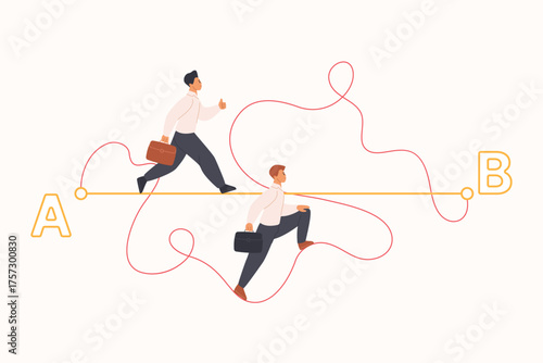 Easy way to solve complex problem, shortcut journey for goal, career success. Tiny people choose hard difficult and easier path to walk from point A to B, effortless cartoon vector illustration