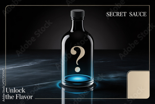 Mystery sauce bottle with illuminated question mark on dark background