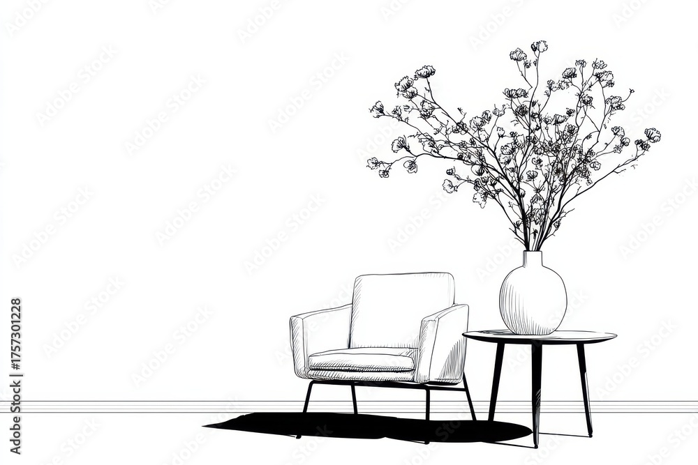 Fototapeta premium Minimalist one-line drawing of an armchair beside a round table with a large vase and branches for modern interior decor