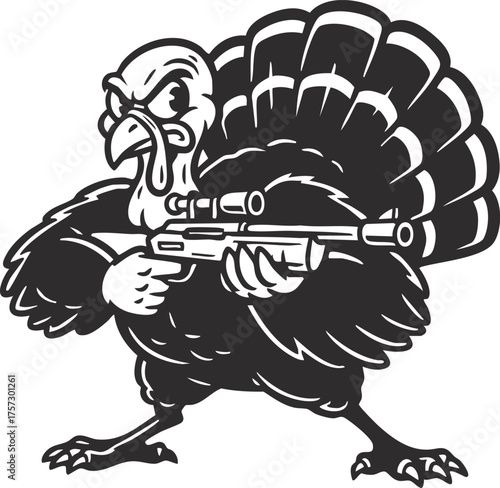 Funny Thanksgiving Turkey bird cartoon character with gun
