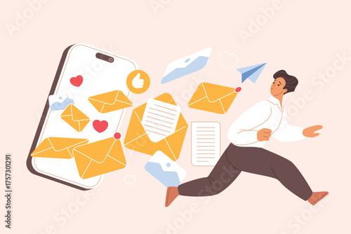 Spam overload, information, infobesity, infoxication detected. Tiny overwhelmed businessman running away in stress from attack of mail messages on smartphone screen cartoon vector illustration