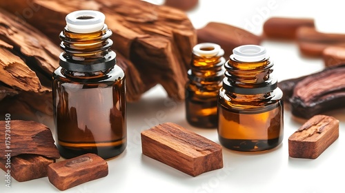 Aromatherapy Brown Glass Bottles with White Caps and Natural Wood Pieces Decor
