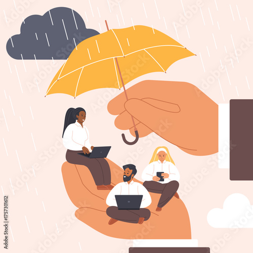 Insurance protection for employees, labor benefits and wellbeing support. Giant hand of employer holding umbrella to protect corporate team of tiny people from rain cartoon vector illustration