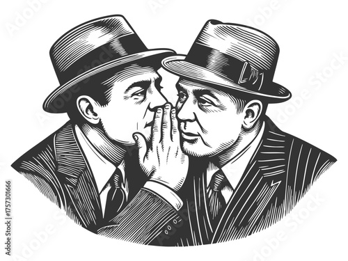 gangsters in suits and hats, secretly whispering to each other sketch engraving generative ai fictional character vector illustration. Scratch board imitation. Black and white image.