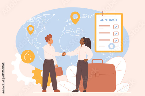 Employment contract with foreign, international company, work visa and brain drain. Handshake agreement of tiny employee and employer by big world map and contract cartoon vector illustration